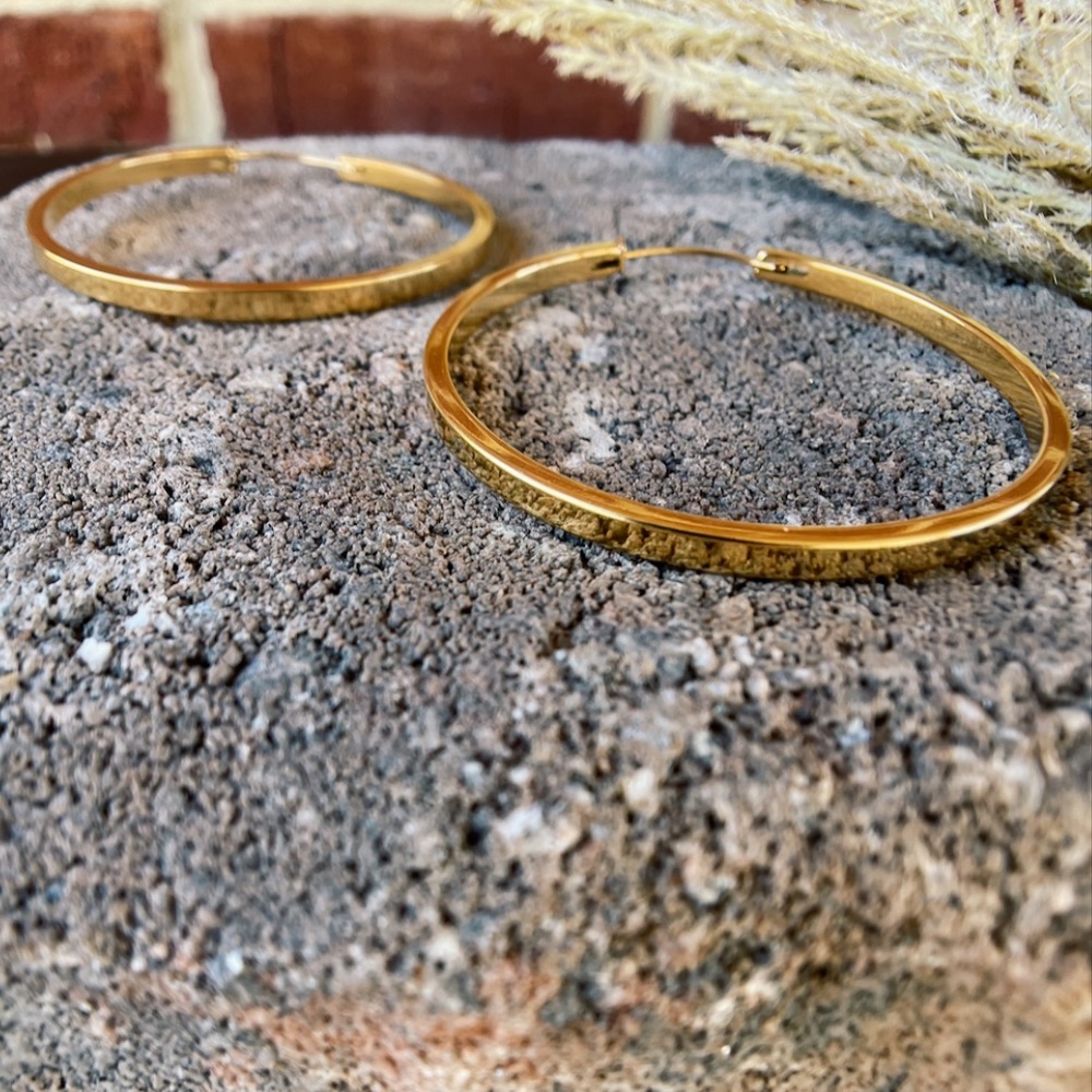 Large Brushed Gold Square Hoop Earrings 50mm - Picture 5 of 7